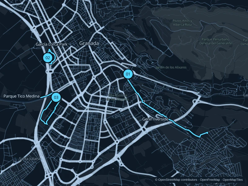 Map of Granada with three numbered running-route starts.