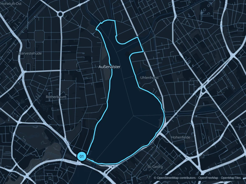 Map of the 7.7 km Außenalster run, with start and finish marked 01.