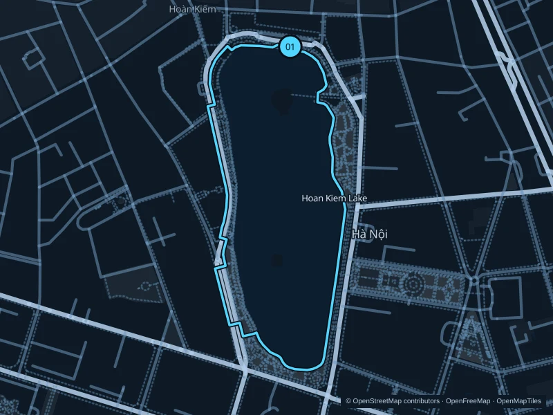 Map of the 1.7 km Hoan Kiem · lake circuit run, with start and finish marked 01.