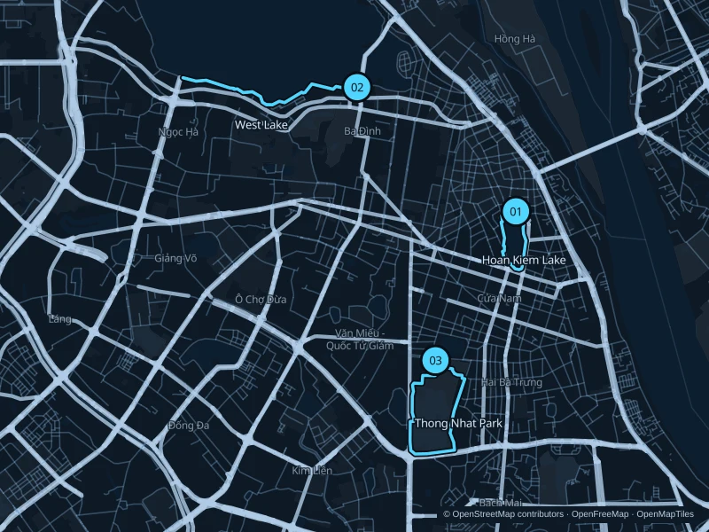Map of Hanoi with three numbered running-route starts.