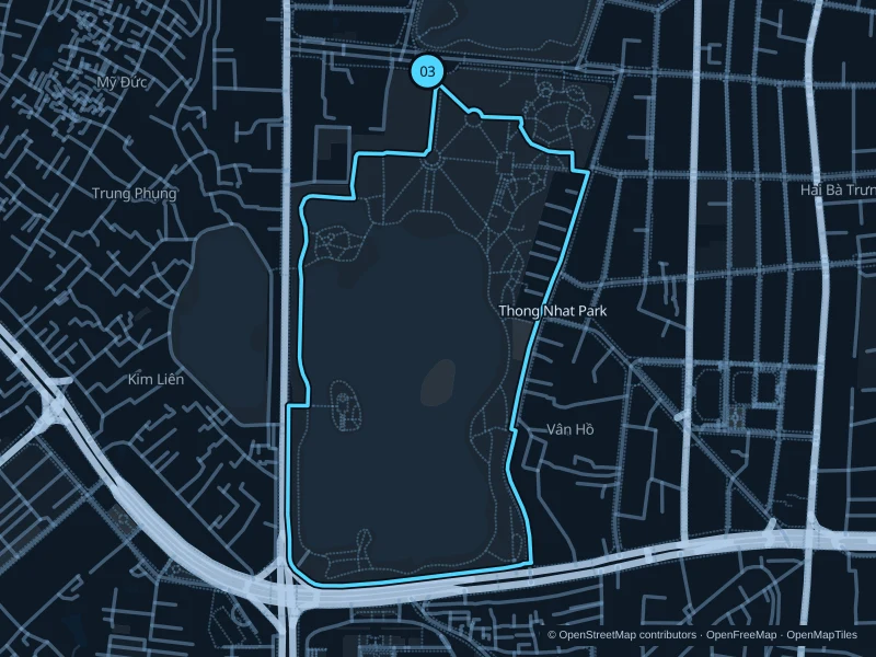 Map of the 3.1 km Thong Nhat Park · outer paths run, with start and finish marked 03.