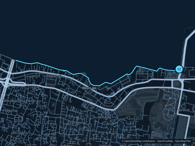 Map of the 4.3 km West Lake · southern shore run, with start and finish marked 02.