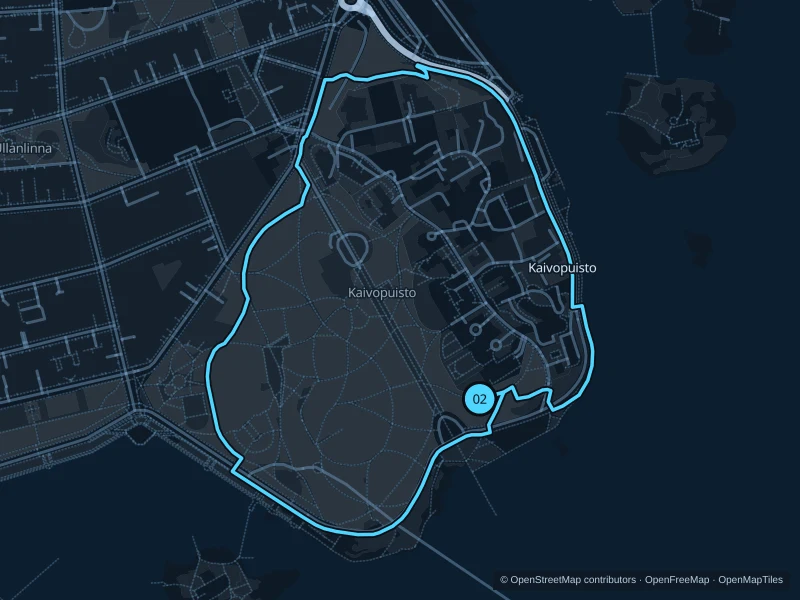 Map of the 2.3 km Kaivopuisto · park and shore circuit run, with start and finish marked 02.