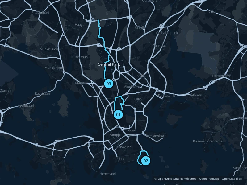 Map of Helsinki with three numbered running-route starts.