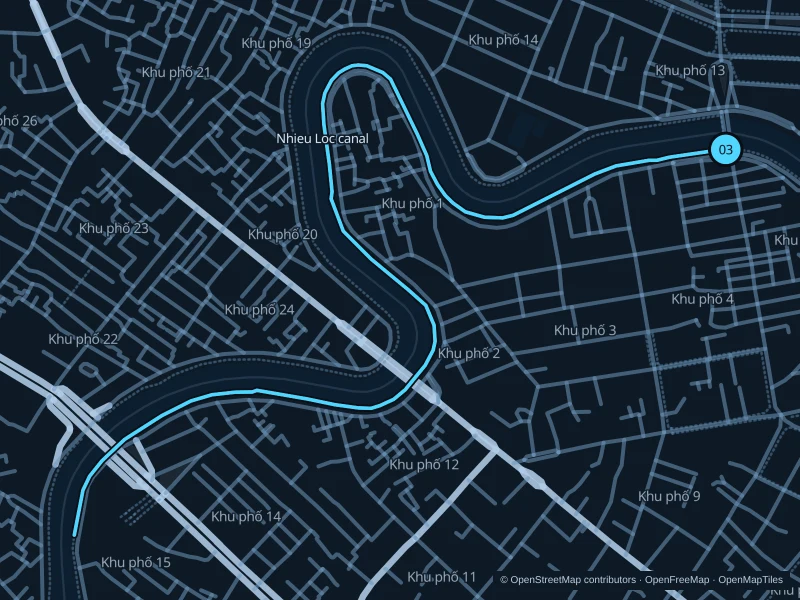 Map of the 3.9 km Nhieu Loc–Thi Nghe · canal path run, with start and finish marked 03.