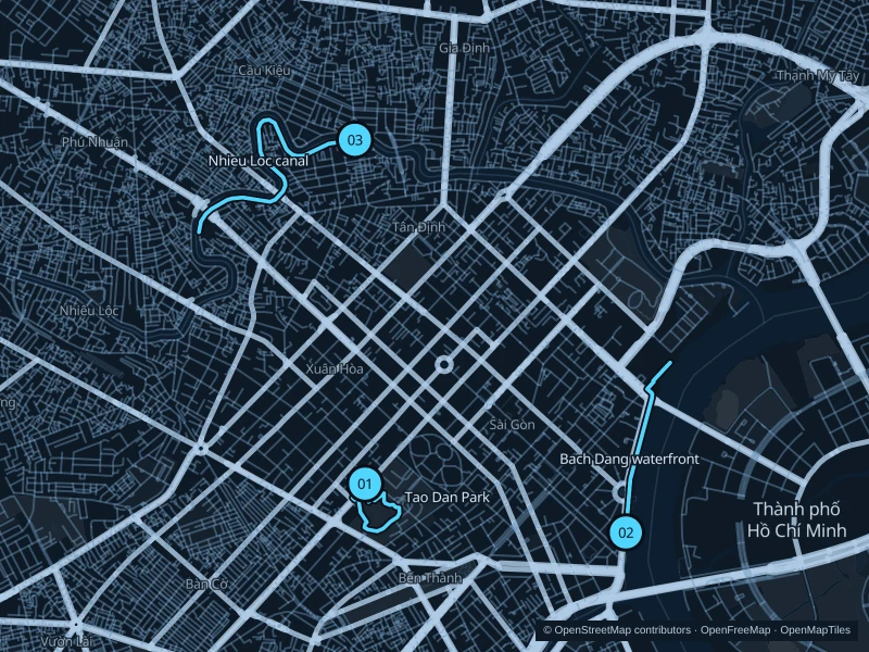 Map of Ho Chi Minh City with three numbered running-route starts.