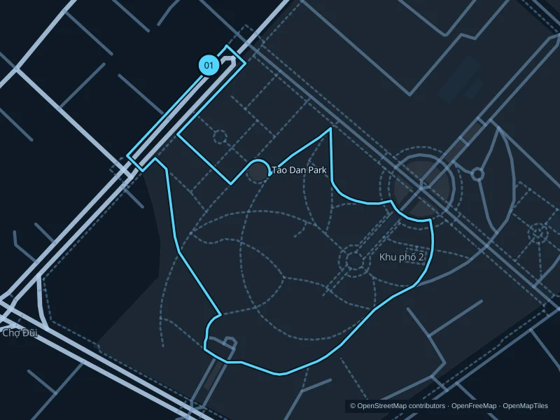 Map of the 1.2 km Tao Dan · garden paths run, with start and finish marked 01.