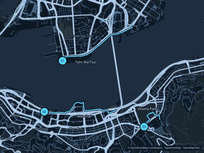 Map of Hong Kong with three numbered running-route starts.