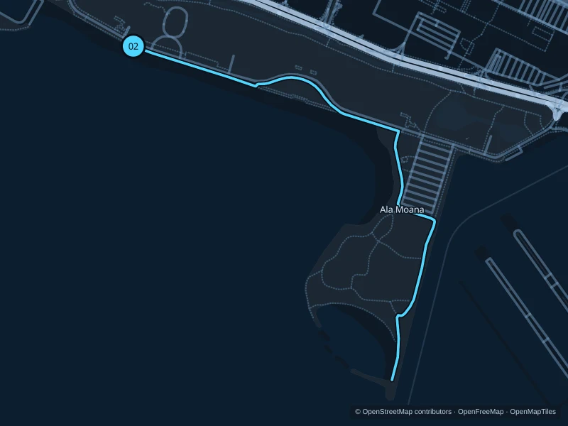 Map of the 3.2 km Ala Moana Beach Park & Magic Island run, with start and finish marked 02.