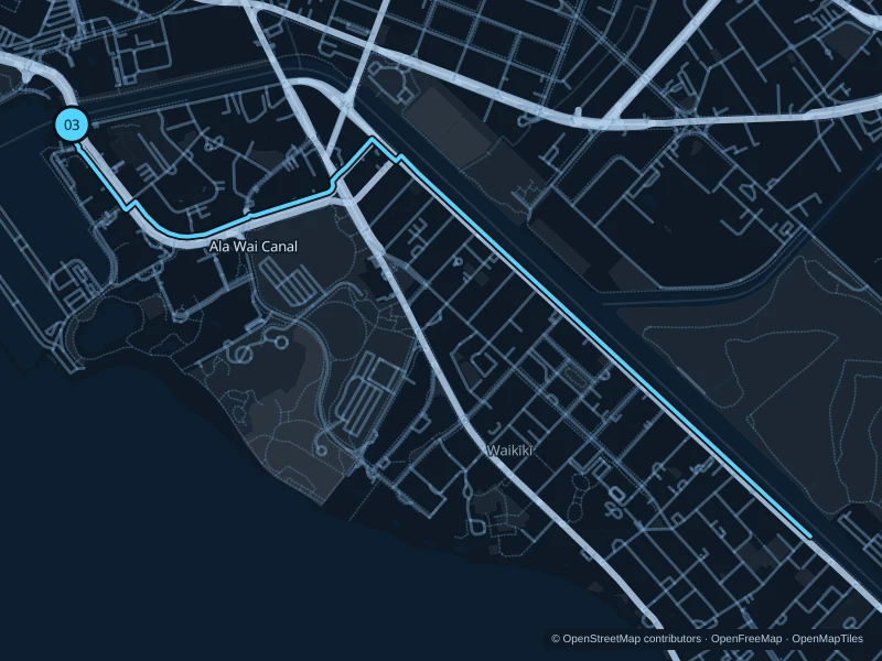 Map of the 5.6 km Ala Wai Canal · Waikīkī side run, with start and finish marked 03.