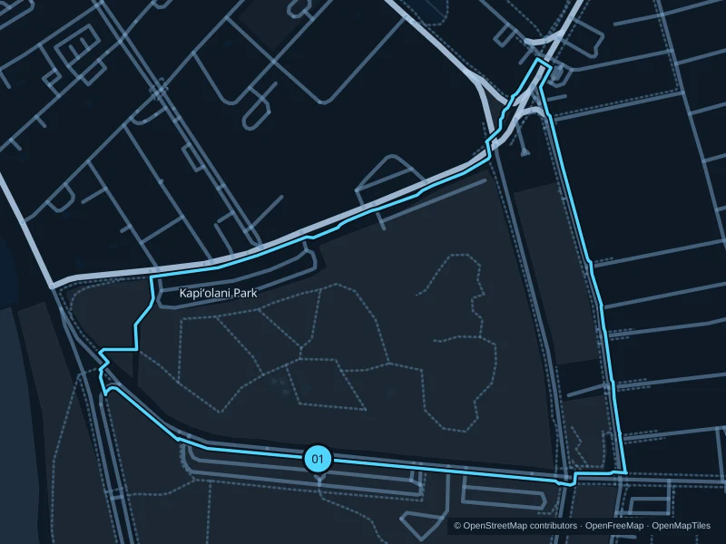 Map of the 2.3 km Kapiʻolani Park run, with start and finish marked 01.