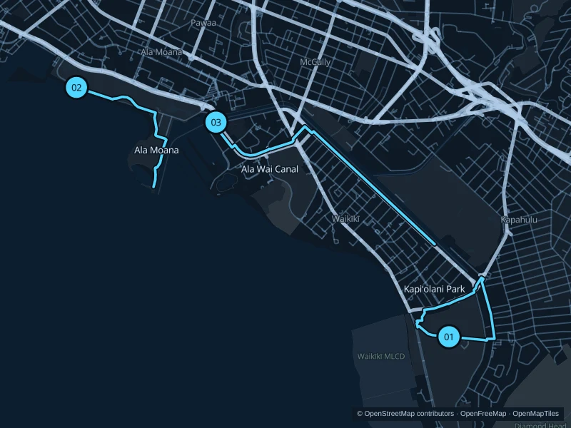 Map of Honolulu with three numbered running-route starts.