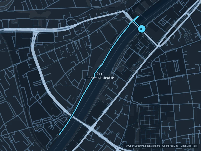 Map of the 2.3 km Inn · Universitätsbrücke run, with start and finish marked 01.