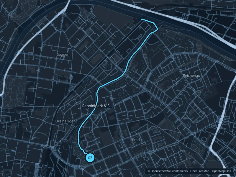 Map of the 4.0 km Rapoldipark & Sill run, with start and finish marked 02.