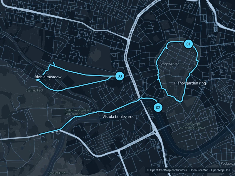 Map of Krakow with three numbered running-route starts.