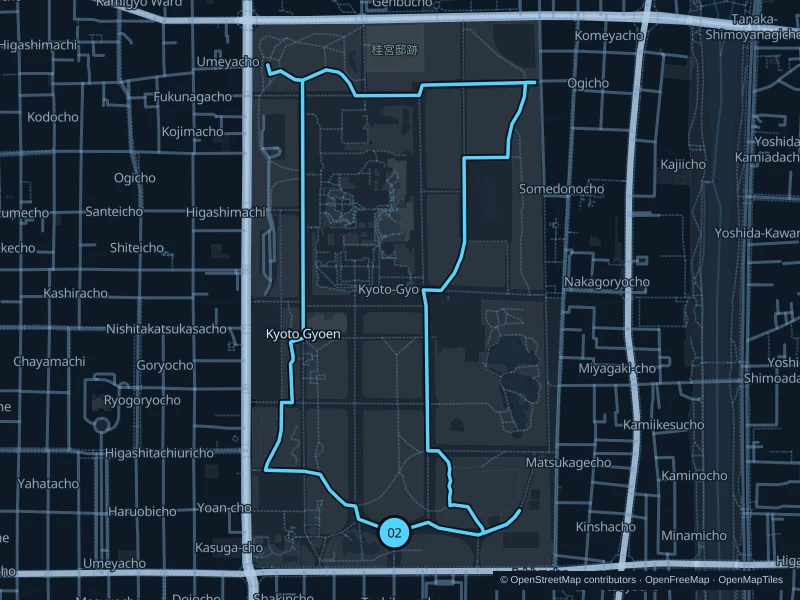 Map of the 3.9 km Kyoto Gyoen run, with start and finish marked 02.