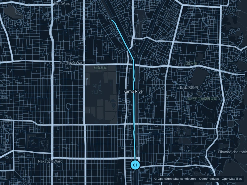 Map of the 6.5 km Kamo River · west bank run, with start and finish marked 01.