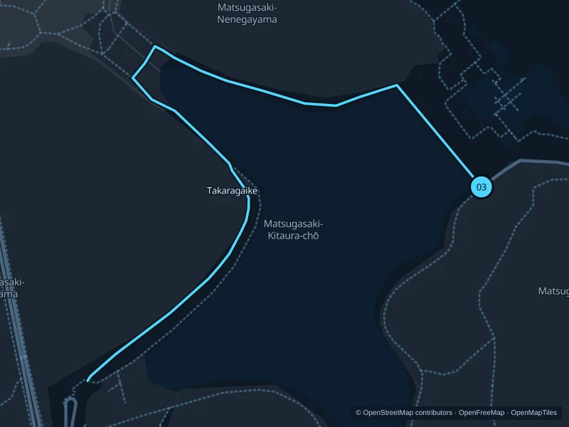 Map of the 1.7 km Takaragaike · pondside paths run, with start and finish marked 03.