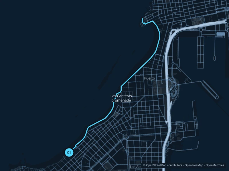 Map of the 5.2 km Las Canteras promenade run, with start and finish marked 01.