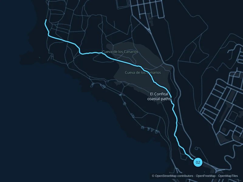 Map of the 3.1 km El Confital coastal paths run, with start and finish marked 02.
