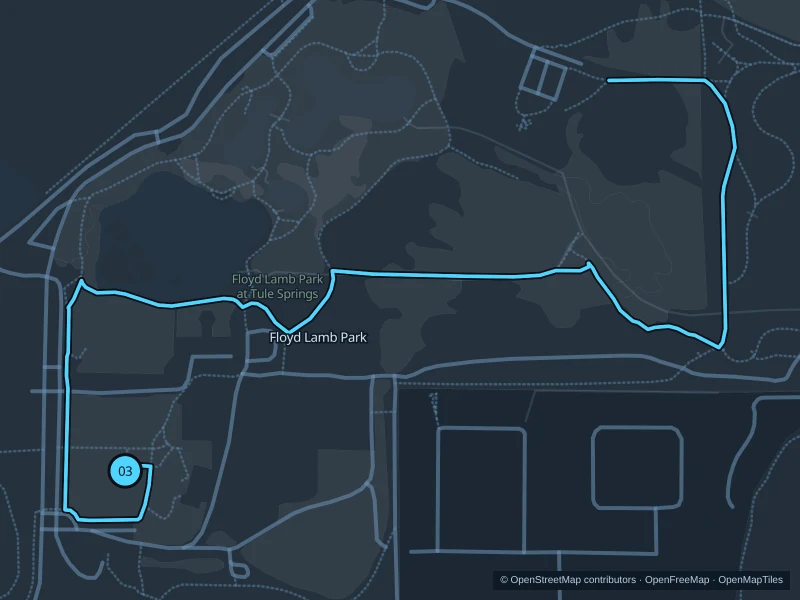 Map of the 3.9 km Floyd Lamb Park run, with start and finish marked 03.