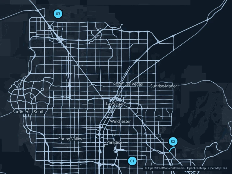 Map of Las Vegas with three numbered running-route starts.