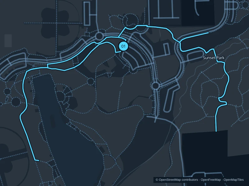 Map of the 3.1 km Sunset Park run, with start and finish marked 01.