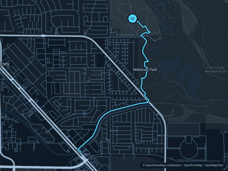 Map of the 6.0 km Clark County Wetlands Park run, with start and finish marked 02.
