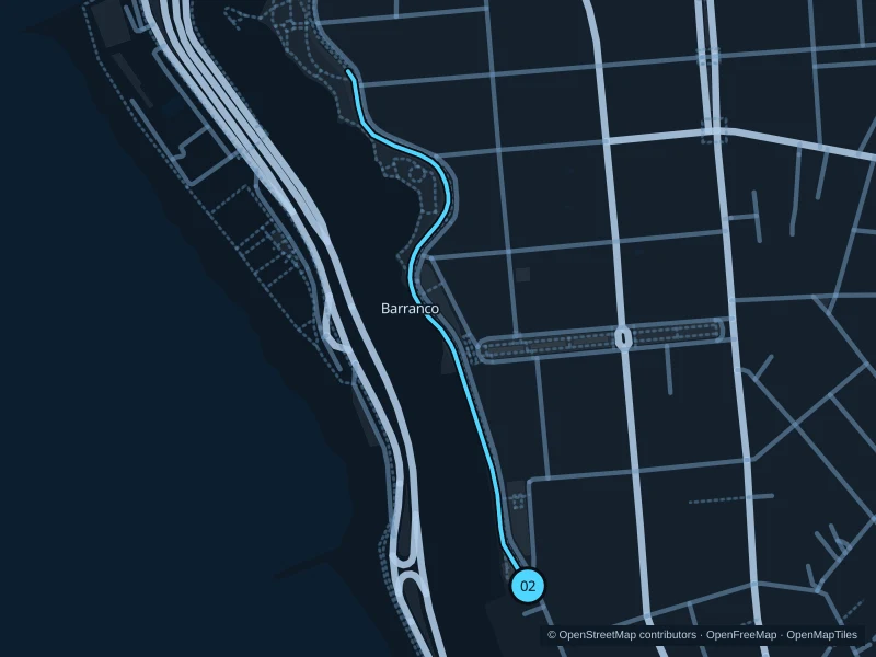 Map of the 1.4 km Barranco · Malecón Paul Harris run, with start and finish marked 02.