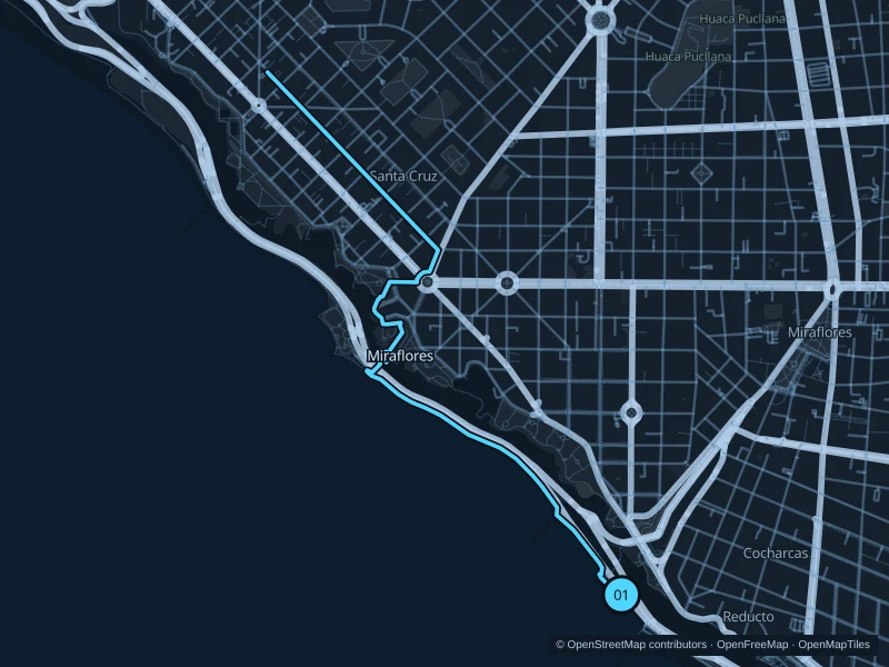 Map of the 6.2 km Miraflores · Cisneros & lower coastal paths run, with start and finish marked 01.
