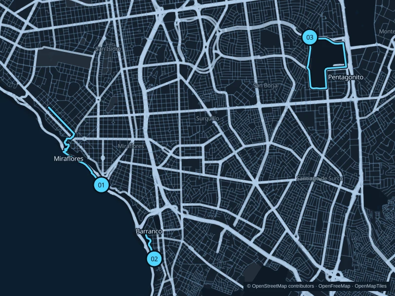 Map of Lima with three numbered running-route starts.