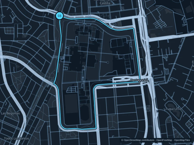 Map of the 4.1 km San Borja · Pentagonito run, with start and finish marked 03.