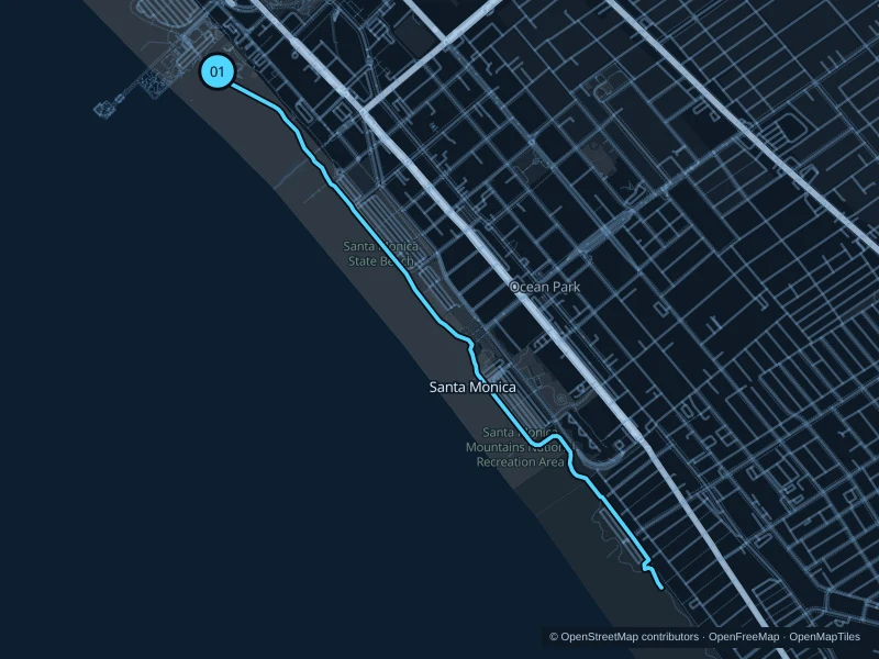 Map of the 4.9 km Santa Monica · Ocean Front Walk run, with start and finish marked 01.