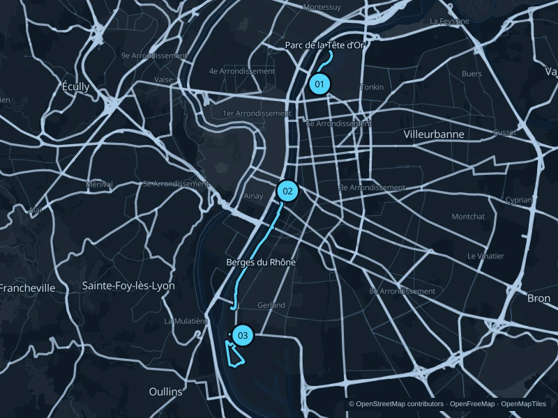 Map of Lyon with three numbered running-route starts.