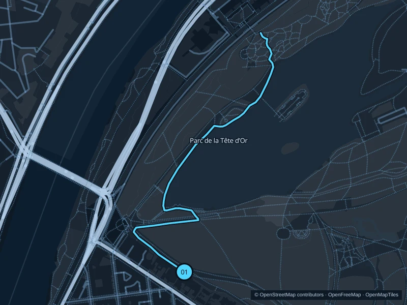 Map of the 2.4 km Parc de la Tête d’Or run, with start and finish marked 01.