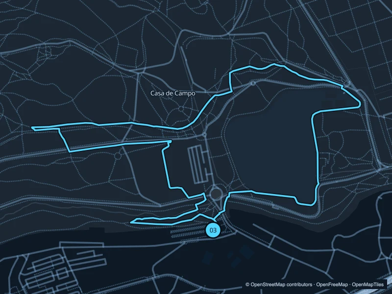 Map of the 3.5 km Casa de Campo · Lago run, with start and finish marked 03.