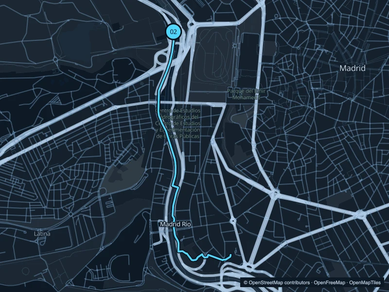 Map of the 5.3 km Madrid Río run, with start and finish marked 02.