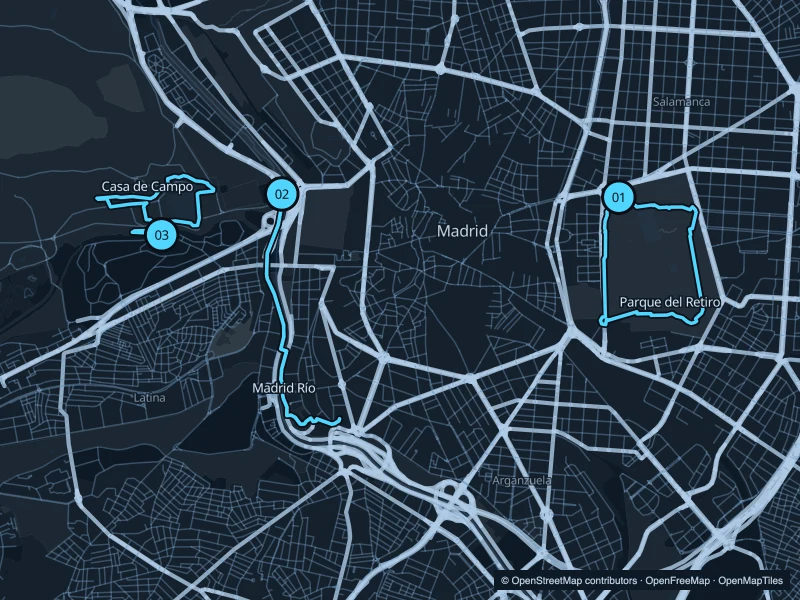 Map of Madrid with three numbered running-route starts.