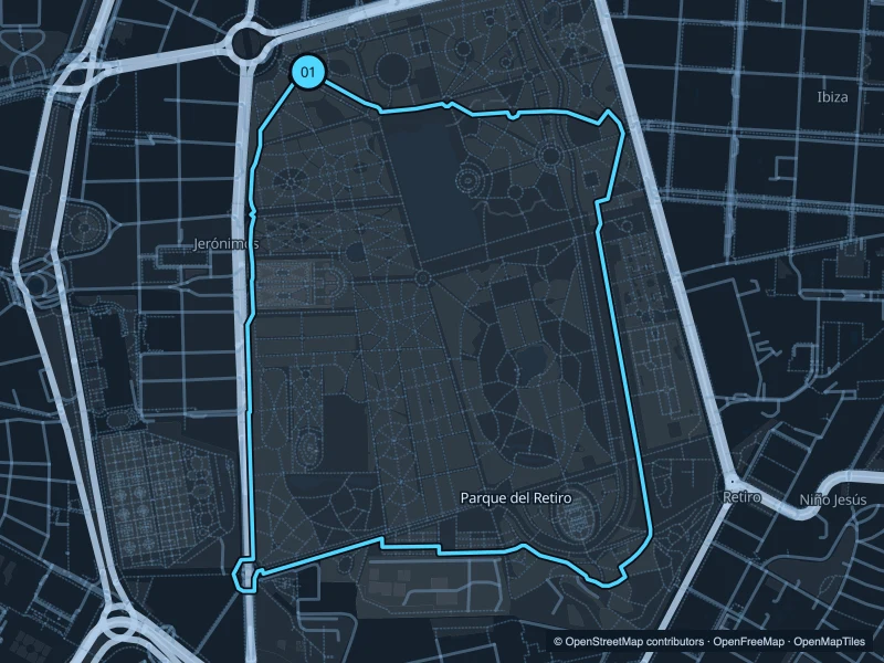 Map of the 4.0 km Parque del Retiro run, with start and finish marked 01.