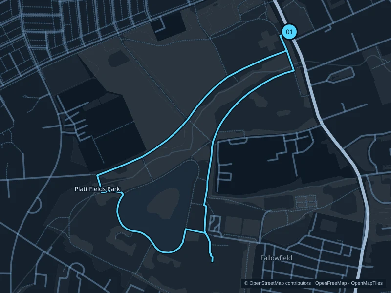 Map of the 1.9 km Platt Fields Park run, with start and finish marked 01.