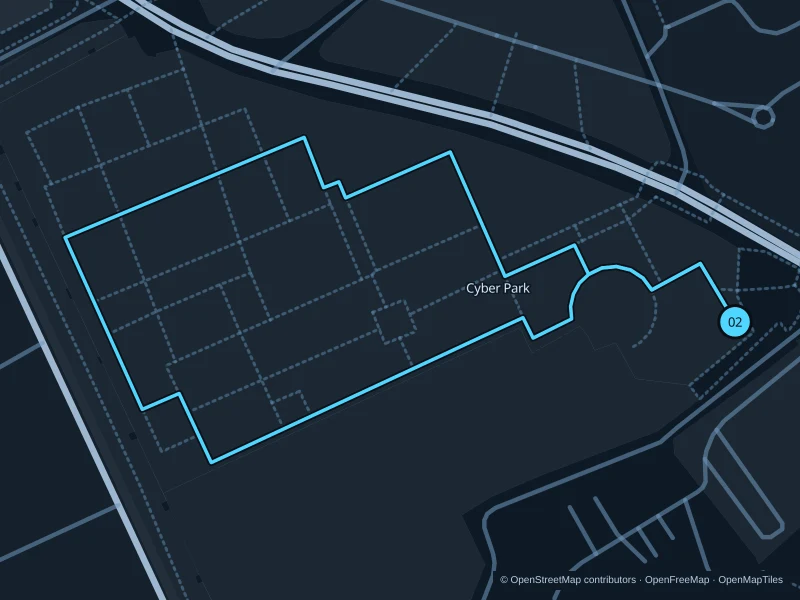 Map of the 1.3 km Cyber Park · Arsat Moulay Abdeslam run, with start and finish marked 02.