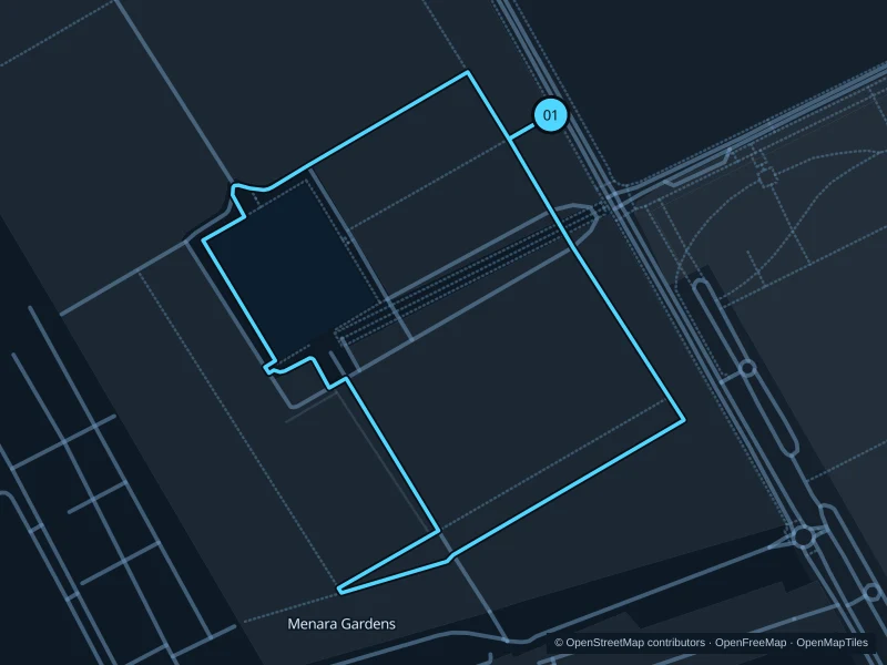 Map of the 2.5 km Menara Gardens run, with start and finish marked 01.