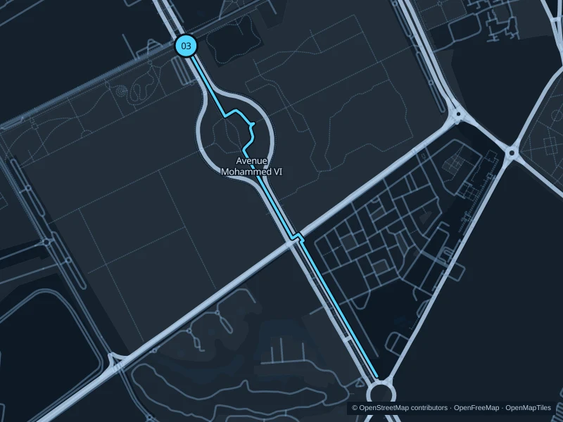 Map of the 3.6 km Mohammed VI Avenue promenade run, with start and finish marked 03.