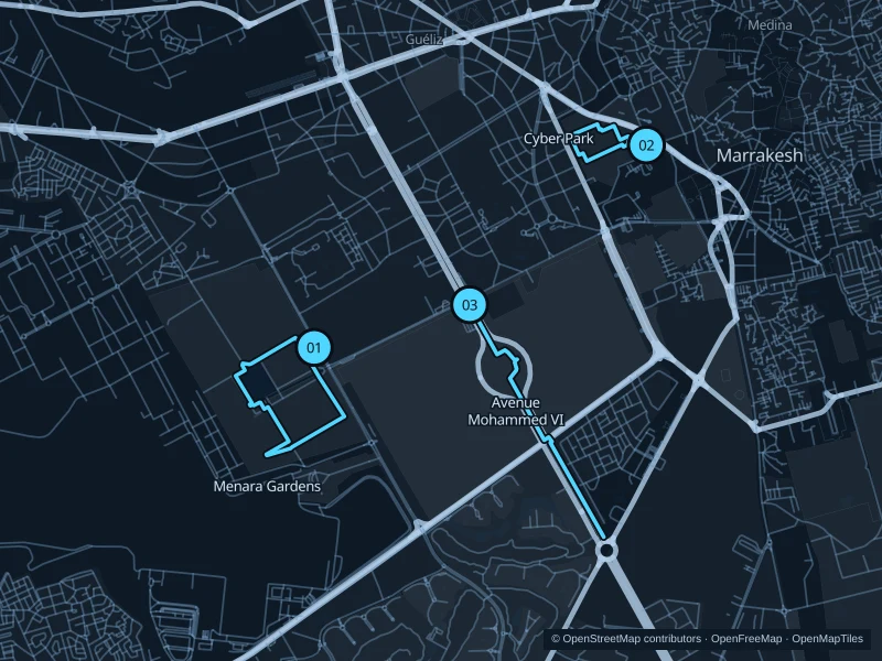 Map of Marrakech with three numbered running-route starts.