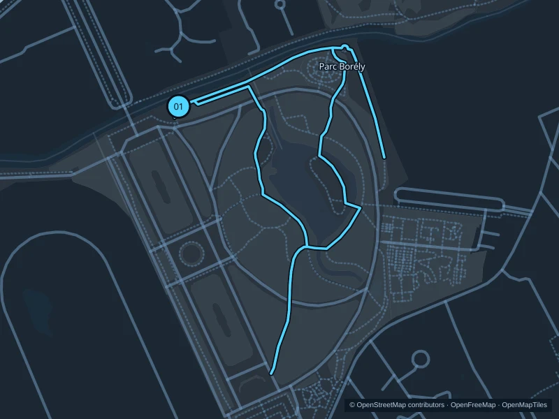 Map of the 1.9 km Parc Borély run, with start and finish marked 01.