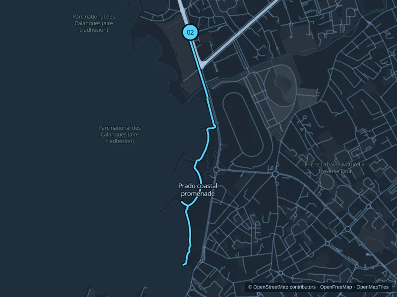 Map of the 4.4 km Prado coastal promenade run, with start and finish marked 02.