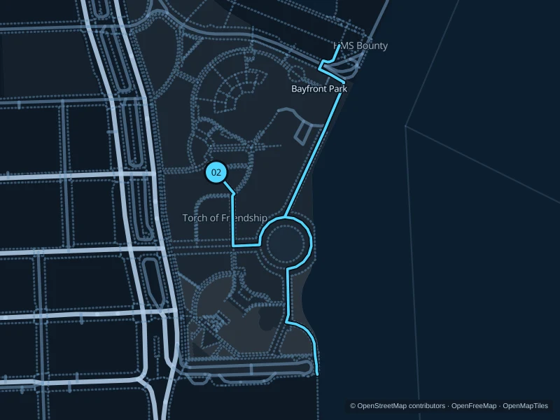 Map of the 2.2 km Bayfront Park run, with start and finish marked 02.
