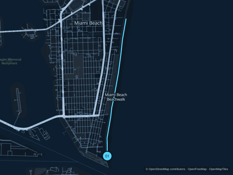 Map of the 6.1 km Miami Beach Beachwalk run, with start and finish marked 01.