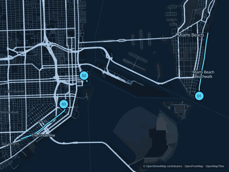 Map of Miami with three numbered running-route starts.