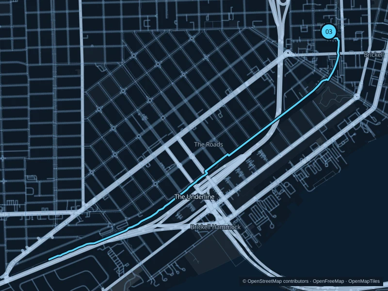 Map of the 5.9 km run along The Underline, with start and finish marked 03.